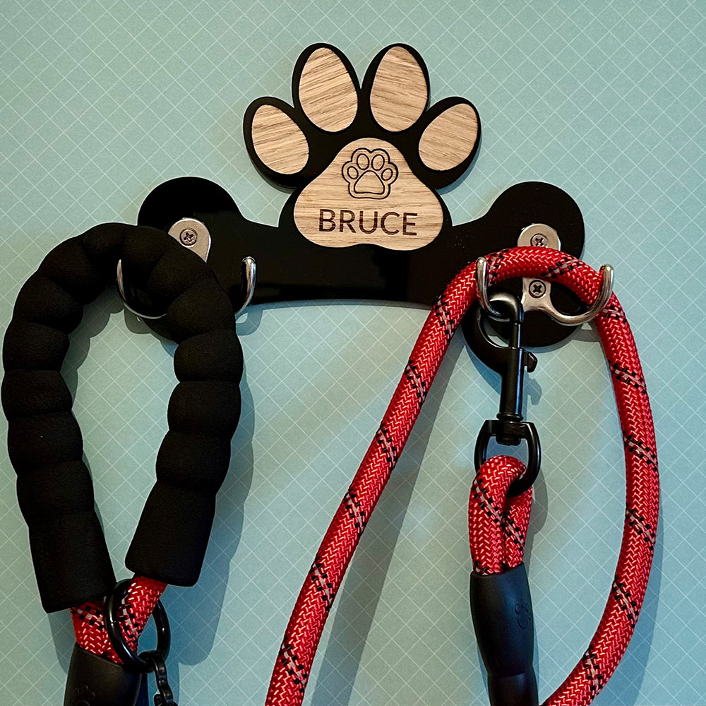 Personalised Oak Wood Dog Lead/Harness Holder