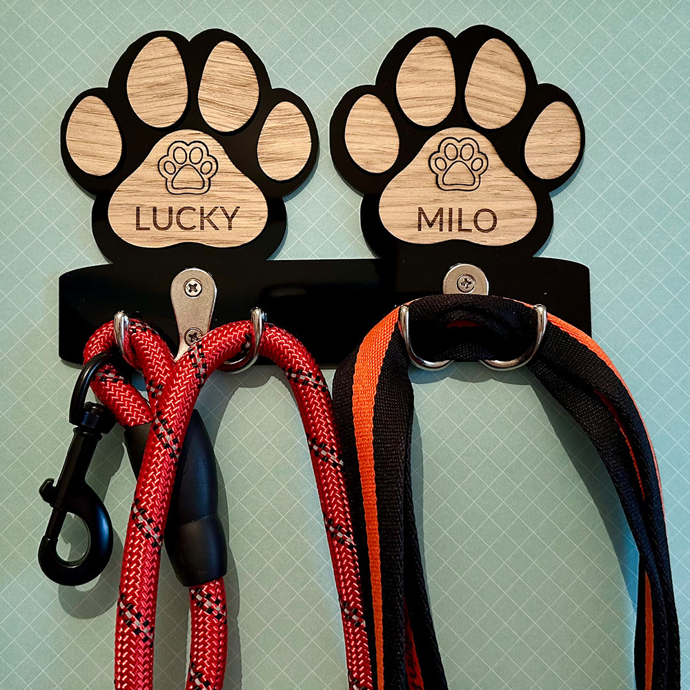 Personalised Oak Wood Dog Lead/Harness Holder