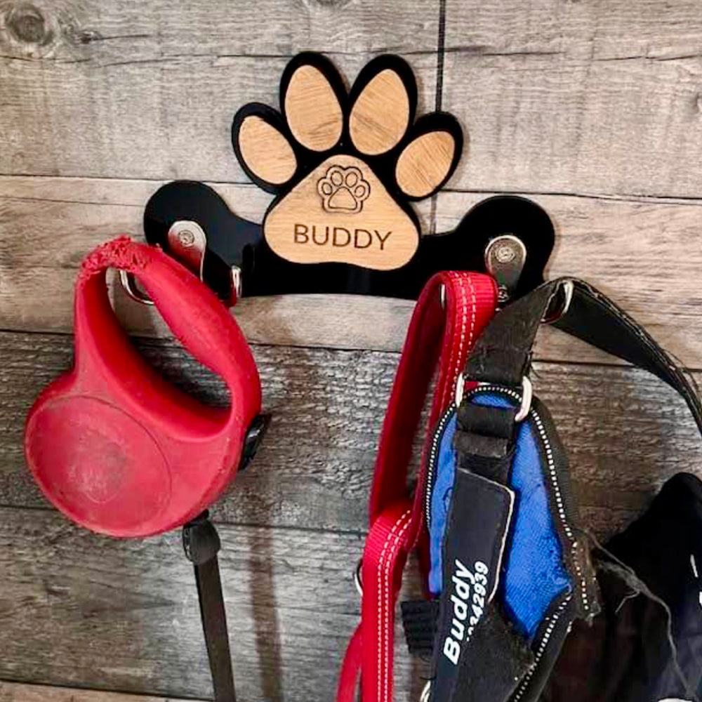 Personalised Oak Wood Dog Lead/Harness Holder