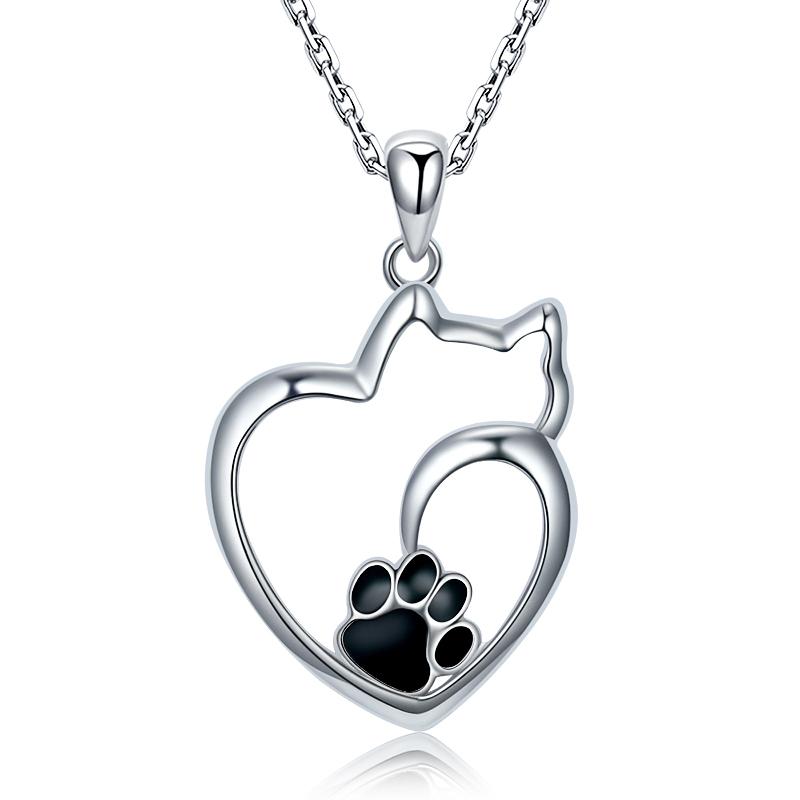 Cat Shaped Heart 925 Silver Necklace