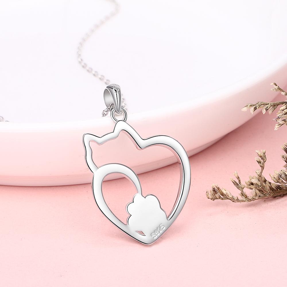 Cat Shaped Heart 925 Silver Necklace