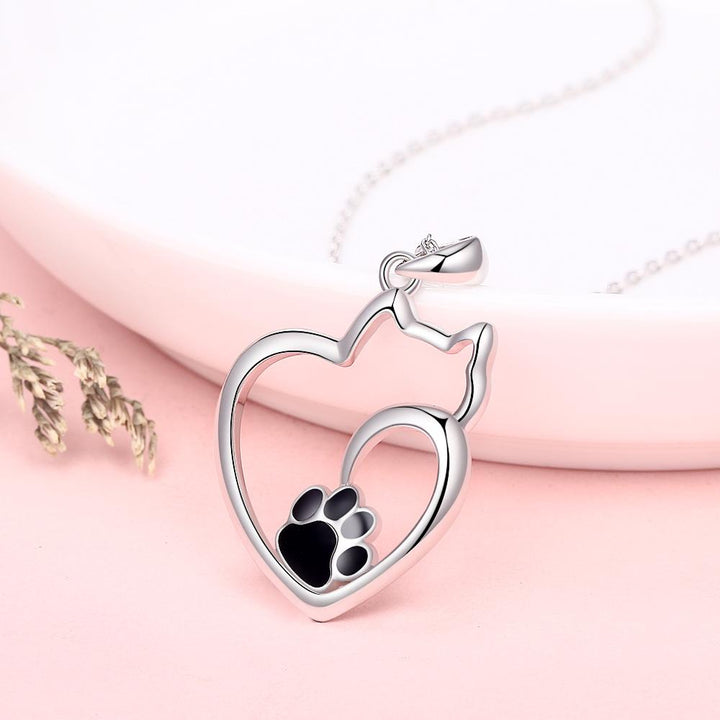 Cat Shaped Heart 925 Silver Necklace